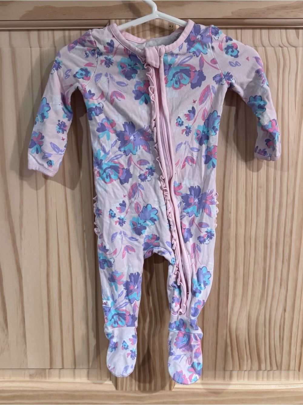 RuffleButts Girl Floral Footed Sleeper Pink Purple Ruffle Zipper Pajamas 3-6M